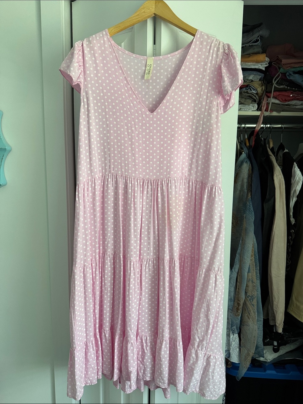 Pink Polka Dot Tiered V-Neck Dress